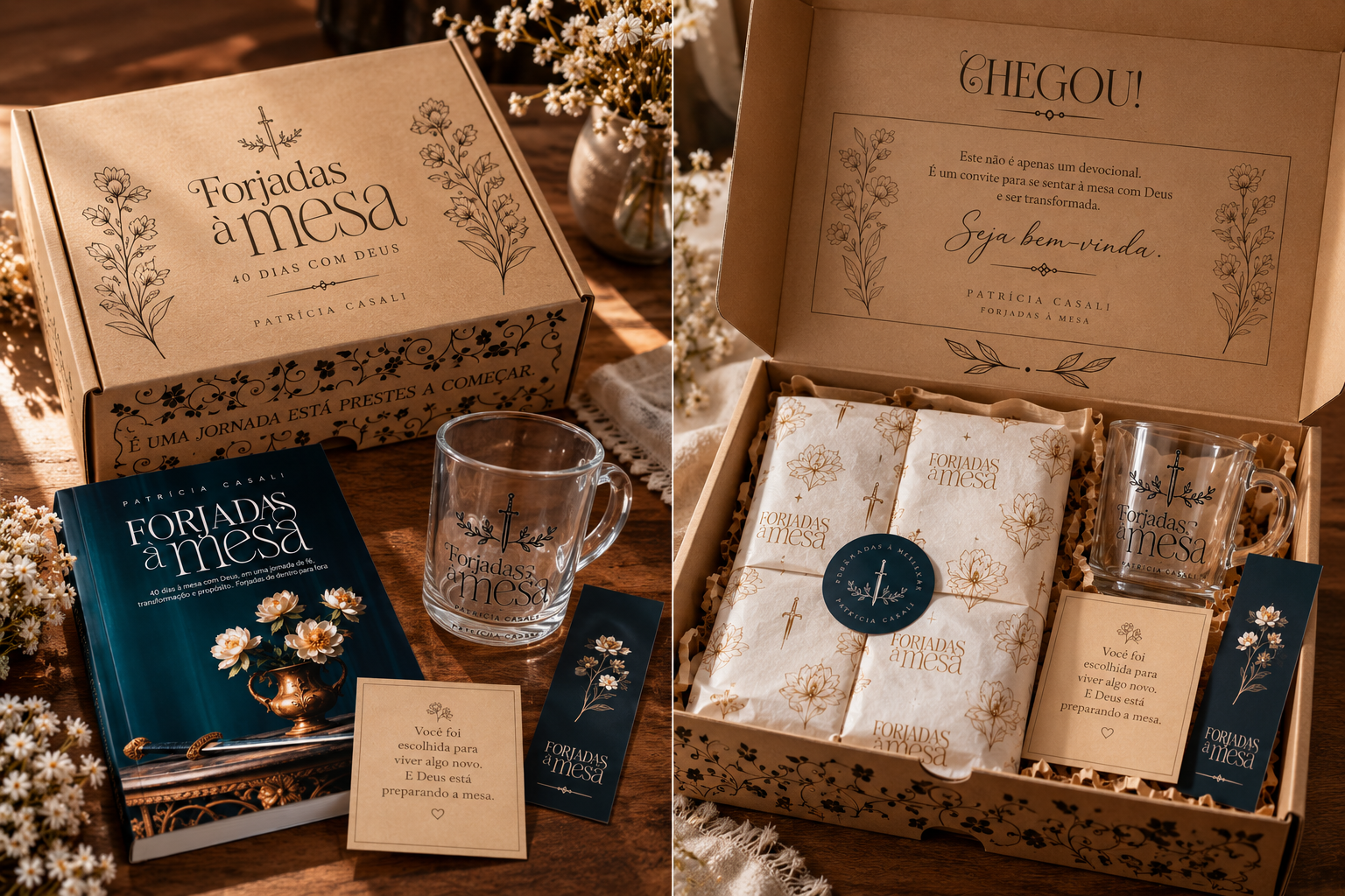 Box Forjadas à Mesa: caixa fechada e aberta com o devocional, caneca, marcador e cartão
